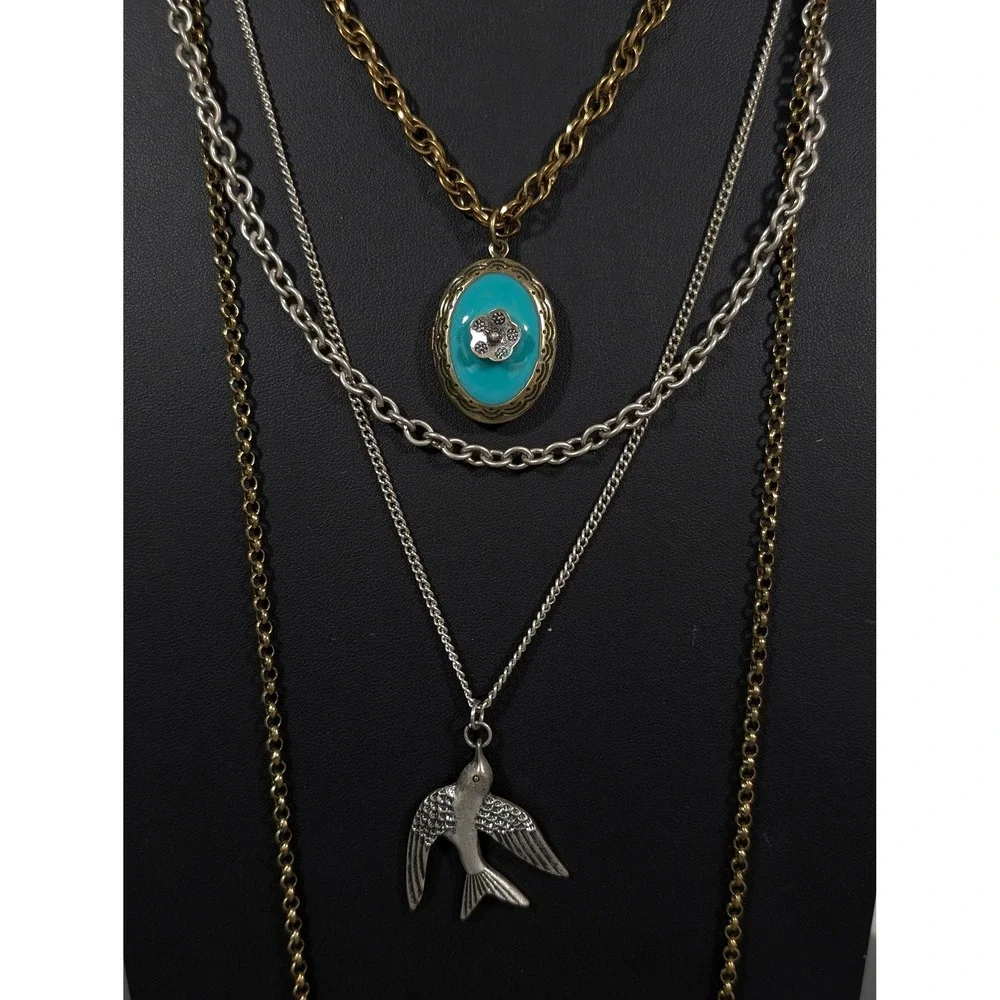 Two Tone‎ Layered Necklace Bird Charm Blue Enamel Locket Distressed 22in